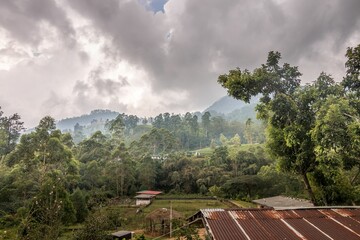 Sticker - Scenic view of a village surrounded by lush green vegetation and dramatic white clouds in the sky