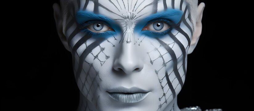 Man with blue azure black and white carnival artistic paint makeup and theatrical pose and gesture