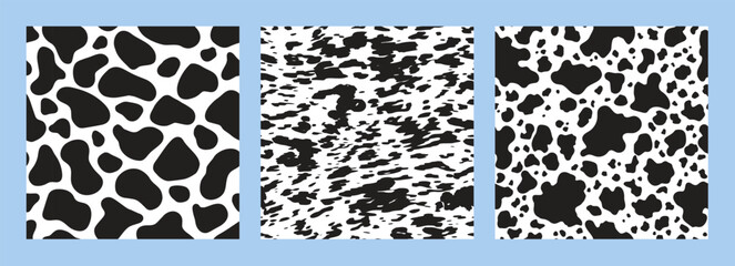 Cow print seamless pattern. Black and white animal print, collection of repeat designs.