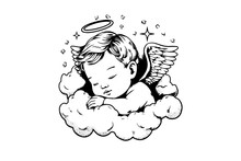 Hand Drawn Engraving Sketch Of Cute Little Angel Sleep On A Cloud. Vector Illustration.