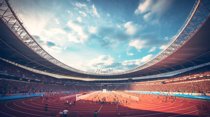 stadium with fans.track and field, paris 2024 olympic games. banner. generative ai content