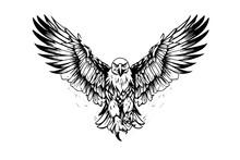 Flying Eagle Logotype Mascot In Engraving Style. Vector Illustration Of Sign Or Mark.