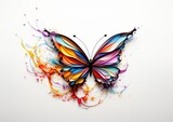 Fototapeta Motyle - Vibrant Fantasy: A Colorful Butterfly Unfolding its Wings on a Whimsical White Backdrop. Generative Ai