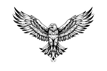 flying eagle logotype mascot in engraving style. vector illustration of sign or mark.