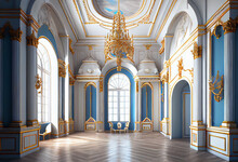 Photorealistic Interior Of A Castle Or Palace Decorated With Blue Ornamental Stone And Gold. AI Generative.