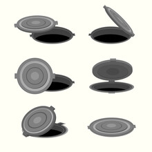 Manholes Pavement Covers Set, Sewer. Sidewalk Manhole Covers, Set Of Isolated Objects. Vector Cartoon Objects.