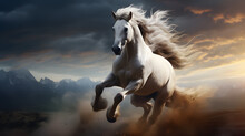 Running Stallion White Horse Cinematic Scenery In Dynamic Motion Ai Generated