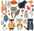 Seasonal autumn set, wildlife, veggies, colorful trees, leafage. Harvest festival Thanksgiving icons, including cute fox, rabbit, raccoon, mole and bear. Vector illustration