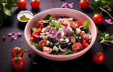 Wall Mural - a vegan vegetarian bowl full of salad with olives, tomatoes, and red onion