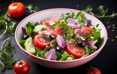 Wall Mural - vegan vegetarian bowl - olive green vegetarian salad, linseed, chia seeds, red onion, tomato and sprouts on black background