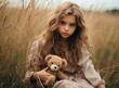 © lililia - Teddy Bear picnic happy child girl kid holding fluffy toy with little hand sitting on grass field. cute girl love teddy bear best friends hug holding together. Created with Generative AI technology.