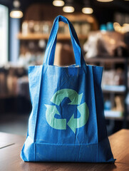 A blue shopping bag made of recycled materials with a smiling green planet symbol on it symbolizing sustainability and environmental .