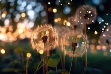 A Bokeh Shot Of Dandelion Seeds Blowing In The Wind. White Dandelion With Water Drops. Dandelion Flowers At Sunset. Realistic 3D Illustration. Generative AI