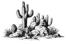 Landscape With Cactus In Engraving Style Vector Illustration.Cactus Hand Drawn Sketch Imitation.