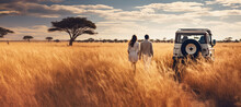 Young Couple On African Safari, Walking Back To Their 4wd Car Over Savanna With Tall Brown Grass. View From Behind. Generative AI