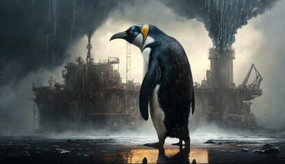 Wall Mural - penguin stand in front Toxic mass from a chemical. AI Generative.