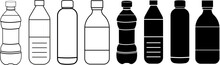 Set of black vector bottle icons isolated on white background. PET bottle plastic.