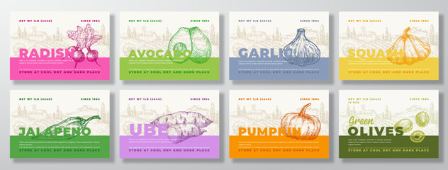 vegetables food label templates set. abstract vector packaging design layouts collection. modern typ