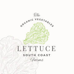 Wall Mural - Organic Vegetables Logo Template. Hand Drawn Lettuce Salad Leaves Illustration with Retro Typography. Premium Plant Based Vegan Food Badge Emblem Isolated