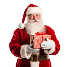 Père Noël En Costume Rouge Qui Tient Un Cadeau De Noël Dans Les Mains - Fond Transparent