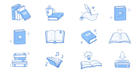 Book line doodle icon set. Hand drawn sketch doodle style line icon book, diary. Open library, reading, school education doodle concept icon. Blue pen line style stroke. Vector illustration.