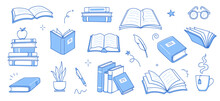 Book Stack Sketch Set. Hand Drawn Sketch Doodle Style Line Book Stack. Library, Reading, School Doodle Concept Icon Background. Blue Pen Line Style Stroke. Vector Illustration