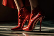 © Agustin - Woman legs wearing red sexy high-heeled shoes. Generative AI.
