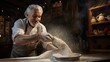 © DELstudio - Generative AI, Old man hands of baker in restaurant or home kitchen, prepares ecologically natural pastries..
