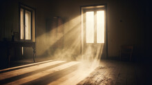 Dusty Room With Old Distressed Windows And Sun Rays. Abandoned Grungy Interior With Lights In The Dust.