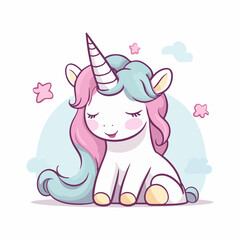 Sticker - a cute unicorn sitting down with its eyes closed icon vector