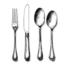 Cutlery Set Fork, Spoon, Knife, Table Setting, Hand Drawn Vector Illustration Realistic Sketch