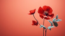  Two Red Flowers On A Red Background With A Blue Stem.  Generative Ai