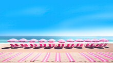 Pink Beach Chairs And Pink Umbrella On A Beautiful Sandy Beach. Blue Sky And Endless Sea In Barbie Style
