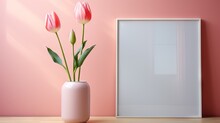 A Vase With Three Pink Tulips In Front Of A Pink Wall.  Generative Ai