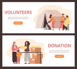 Wall Mural - Set of website banner templates about volunteers and donation flat style