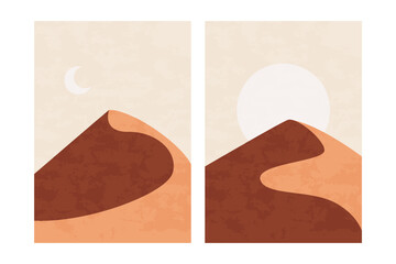 Wall Mural - minimal desert landscape. panoramic desert sands sun moon, simple contemporary posters, abstract boh
