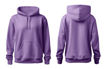 blank purple hoodie in front and back view, mockup, white background, generative ai