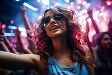 Beautiful Happy Cute Young Woman Dancing At A Nightclub Party, Disco Girl Having Fun With Friends