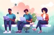 © Oksana - Young happy man and woman sitting on a chairs both using phones and laptops. Simple design colorful illustration created with Generative AI technology