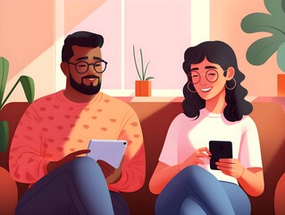 Young happy man and woman sitting on a couch both using phones and laptops. Simple design colorful illustration created with Generative AI technology  