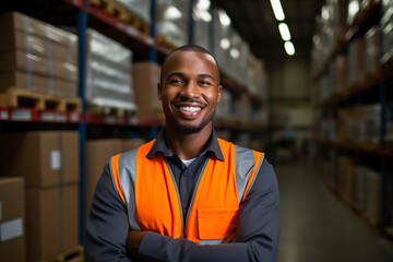 warehouse worker posing at work while smiling at the camera