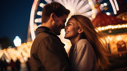 Poster - Couple in Love at Night Amusement Park in the Background