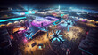 © Marco Attano - night - time drone shot of a massive gaming event, crowd of gamers, lit up tents, various gaming logos, vibrant colors, cityscape in the background