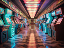 An Old - School Arcade, Rows Of Classic Gaming Machines, Neon Lights Reflecting Off Glossy Floors, 80's Aesthetic