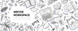 © Foxelle - Writer workspace doodle set. Hand drawn elements, desk, laptop, diary, book, hands, pen and pencil for editor, journalist design template. Creative occupation desktop top view. Vector illustration