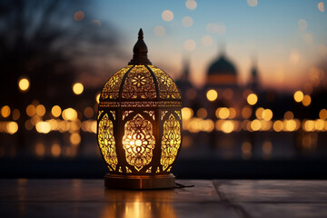 Wall Mural - Festive Glow: Ornate Oriental Lantern with Bokeh Holiday Lights and Mosque