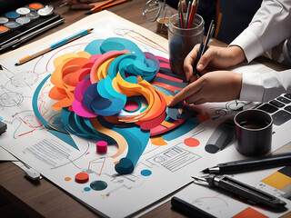 Wall Mural - concept of modern graphic design process. icons of graphic designer items and tools.