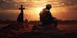 © Jorge Ferreiro - soldier kneeling before a fallen soldier in a sunset