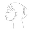 Arabian woman head in veil, hijab. Profile line art drawing, vector illustration