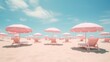 Hot summer landscape, warm sunny day on the beach, on the seashore. Sand on the beach, in the resort. Pastel pink umbrellas and deck chairs. The travel season has begun. Generative AI